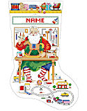 Santa in His Workshop Stocking - PDF: Santa's happily creating a merry moment for a lucky boy or girl by painting a toy rocking horse with bright primary colors in this charming cross stitch stocking from Kooler Design. Santa's workshop is filled with toys such as a train set, drum and sleigh. This stocking would be perfect for the hobbyist in your life or anyone in the family!
