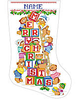 This whimsical and colorful cross stitch features bear tots building a Christmas sign with their blocks! What a cute stocking that would be perfect for anyone in the family especially that new grandbaby! These little bears are adorable and will delight you from the first stitch to the last.
