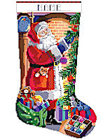Santa with Tree is a gorgeous Kooler cross stitch stocking that features a beautifully illuminated Christmas tree that Santa is diligently decorating. This colorful stocking contains lots of details that makes this a fun stitch such an adorable kitten peeping out of Santa's pocket. Santa is carrying a big bag of toys to share as gifts. A fun stocking for the child at heart in your family!
