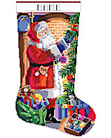 Santa with Tree is a gorgeous Kooler cross stitch stocking that features a beautifully illuminated Christmas tree that Santa is diligently decorating. This colorful stocking contains lots of details that makes this a fun stitch such an adorable kitten peeping out of Santa's pocket. Santa is carrying a big bag of toys to share as gifts. A fun stocking for the child at heart in your family!
