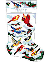 A family of birds celebrate Christmas in an enchanted winter forest in this delightful and beautiful, classic stocking by Kooler Design Studio. Perfect for anyone, especially bird lovers, with realistic depictions of finches, cardinals and other birds of winter.