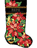 Poinsettia Stocking - PDF: Create a beautiful sumptuous design for the holiday season with the elegant poinsettia stocking by Kooler. This dramatic and traditional red and green poinsettia on a black background is full of sparkle and would look great with any decor and is a joy to stitch.