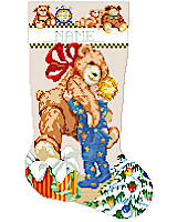 Big hugs on Christmas morning. This elegant and charming Christmas teddy bear stocking is the perfect gift for a new little boy in your family. This little guy loves his giant bear and the extra details are so cute.
