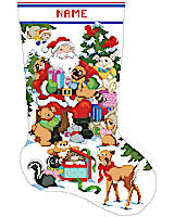 This woodland Santa is surrounded by his many forest friends. Set against a winter background, this charming cross stitch stocking features cute squirrels, bunnies, deer, raccoons, a skunk and a baby bear hanging from a tree. They are gathered in front of gorgeous evergreen trees. This stocking is perfect for any new addition to the family.