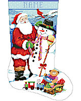 Our wintery and fun Santa and Snowman Christmas Stocking in counted cross stitch will be a favorite for kids and adults alike in your décor. Features Santa giving a scarf to an adorable snowman. Perfect for a mantel in a snowy climate. Santa's bag of toys lying in the snow while a cardinal is watching. You'll love this wintery scene full of beautiful colors and details!