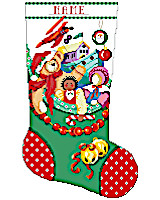 Lots of merry toys tucked inside the stocking, including a teddy bear, dolls, and an airplane. This cheerfully decorated stocking makes a sweet gift for friends, family, kids, or or anyone who appreciates nostalgic Christmas decorations. Kooler Design Studio stockings make great gifts and are true heirlooms!