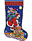 Santa on the Rooftop Stocking - PDF: This unique, elegant and sophisticated white counted cross stitch features Santa visiting his woodland friends in the north in a winter wonderland. This beautiful stocking is done in soft blues, whites and reds. A wintery stocking for a baby's first Christmas or anyone who appreciates the special beauty of the season! These sweet faces will charm you for years to come.