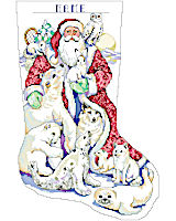 This unique, elegant and sophisticated white counted cross stitch features Santa visiting his woodland friends in the north in a winter wonderland. This beautiful stocking is done in soft blues, whites and reds. A wintery stocking for a baby's first Christmas or anyone who appreciates the special beauty of the season! These sweet faces will charm you for years to come.