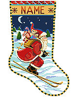 Santa is delivering toys to good boys and girls via a pair of skis and getting his exercise too! 