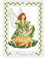 Gladiolas border the August Birthday Fairy. She wears shades of green that reflect the late summer’s lush growth. One in a series of twelve faeries.