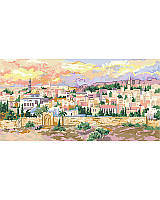 Dream of far-away destinations every time you gaze at this colorful and warm landscape.
Bursting with emerald greens, warm purples and gold, this stunning Jerusalem cross stitch looks at the old city with a view from the Mount of Olives. This warm and detailed "Jerusalem at Dusk" cross stitch depicts images of sacred Jerusalem, such as the ancient walls and fortifications under the twilight sky. You can look at this piece a hundred times and still find something new!
