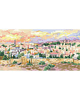 Dream of far-away destinations every time you gaze at this colorful and warm landscape.
Bursting with emerald greens, warm purples and gold, this stunning Jerusalem cross stitch looks at the old city with a view from the Mount of Olives. This warm and detailed "Jerusalem at Dusk" cross stitch depicts images of sacred Jerusalem, such as the ancient walls and fortifications under the twilight sky. You can look at this piece a hundred times and still find something new!
