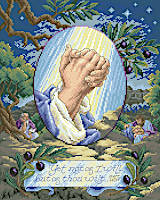 "Yet not as I will, but as you will.” This humble cross stitch can comfort anyone searching for the quiet serenity that prayer and meditation can bring. Share a sense of inner calm with this intricate design in cool tones of blue, lavender and green, featuring praying hands surrounded by an olive tree and depicting the inspiring bible verse.