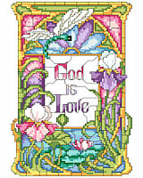 God is Love is written in the center of this stained glass style design. 