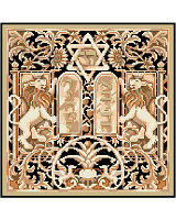 Regal lions holding scrolls representing the Ten Commandments given to Moses on Mt Sinai are beautifully depicted in this traditional Jewish paper cut style design. The unique versatility of this design is that it is suitable for those who wish to needlepoint or cross-stitch. Ideas for finishing include: pillows, matzo covers, tallit bags, challah covers or framed as a wall hanging to be given as anniversary or wedding gifts that will be handed down from generation to generation. 