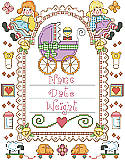 Baby Carriage Birth Record - PDF: Commemorate a very special date with this brightly colored birth announcement. Framed with dollies, baby carriage, butterflies and other charming toys. Designed with plenty of space to customize it using a newborn's details, it makes a wonderful memento and charming piece of nursery décor.    
