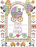 Baby Carriage Birth Record - PDF: Commemorate a very special date with this brightly colored birth announcement. Framed with dollies, baby carriage, butterflies and other charming toys. Designed with plenty of space to customize it using a newborn's details, it makes a wonderful memento and charming piece of nursery décor.    
