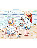 Collecting Shells - PDF: Bring the seaside to your living space with this lovely cross stitch featuring children collecting seashells. These are the makings of a perfect day as these toddlers love to dress up in their beach clothes and watch the waves coming in.  
One in a series of three of our By The Sea Series: Collecting Shells, Setting Sail and Sand Castles. Collect all three. 

