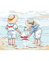 Can you hear the ocean calling you? Bring the coastal charm to your living space or beach house children’s bedroom with this lovely cross stitch featuring children playing along the shoreline with their sailboat. Inspires fond memories of shared adventures and childhood vacations.
One in a series of three of our By The Sea Series: Collecting Shells, Setting Sail and Sand Castles. Collect all three. 
