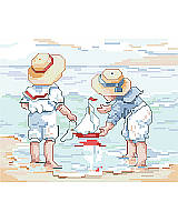 Can you hear the ocean calling you? Bring the coastal charm to your living space or beach house children’s bedroom with this lovely cross stitch featuring children playing along the shoreline with their sailboat. Inspires fond memories of shared adventures and childhood vacations.
One in a series of three of our By The Sea Series: Collecting Shells, Setting Sail and Sand Castles. Collect all three. 
