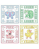 Decorate your nursery with this sweet counted cross stitch set featuring cute and colorful baby block designs by Linda Gillum. A blue butterfly, green kitty, link puppy and yellow duck make a fun set that will match any child's room. If stitching full size traditional quilt blocks seems too daunting, stitch one baby block at a time. Stitch one or all four!