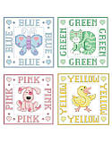 Baby Blocks - PDF: Decorate your nursery with this sweet counted cross stitch set featuring cute and colorful baby block designs by Linda Gillum. A blue butterfly, green kitty, link puppy and yellow duck make a fun set that will match any child's room. If stitching full size traditional quilt blocks seems too daunting, stitch one baby block at a time. Stitch one or all four!